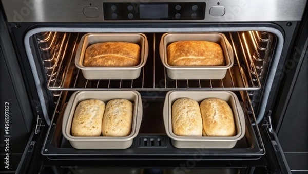 Fototapeta Freshly baked bread loaves in an oven ready to be enjoyed.