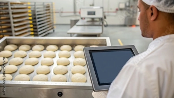 Fototapeta Baker monitoring dough production with a tablet in a commercial kitchen.
