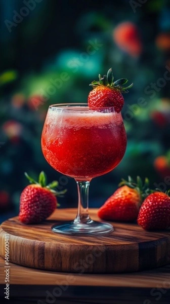 Obraz a glass of strawberry juice with on a wooden podium
