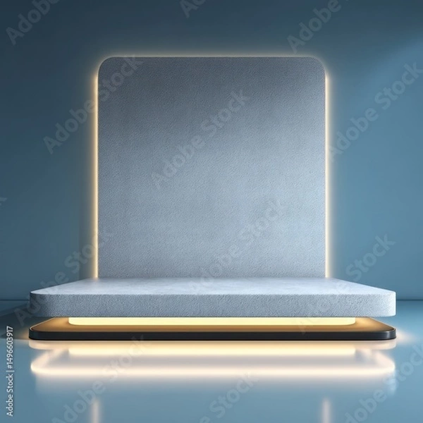 Fototapeta Blank 3D floating rectangular podium, designed with wool texture and soft lighting for a high-tech presentation.