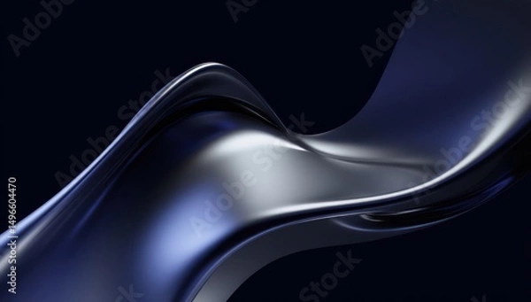 Fototapeta Minimalist sharp-edged liquid shapes in navy blue and silver form smooth reflections against black.