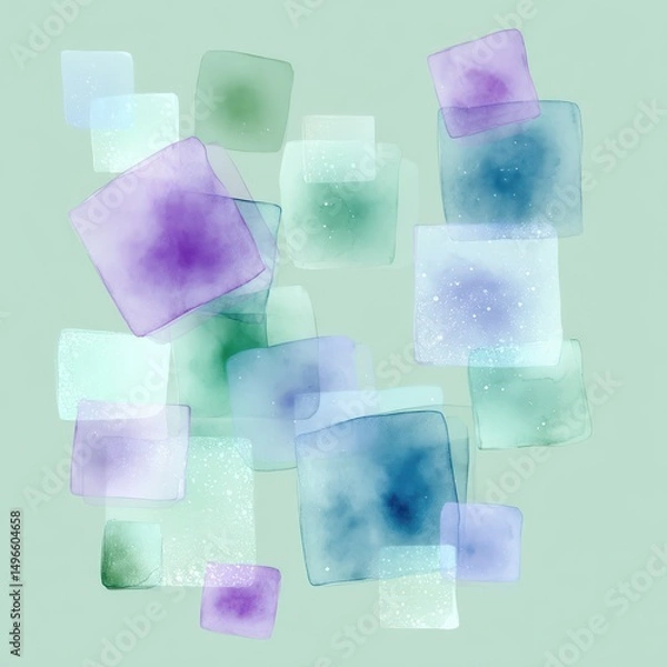 Fototapeta Abstract fluid squares in soft lavender and blue float subtly over a light green background.