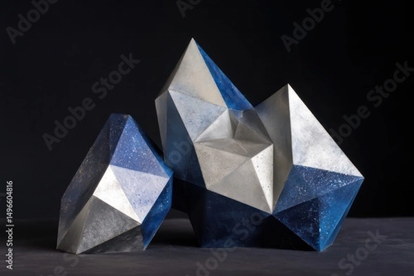 Fototapeta Abstract polygons in sharp edges with silver and navy blue gradients form a neat design on black.
