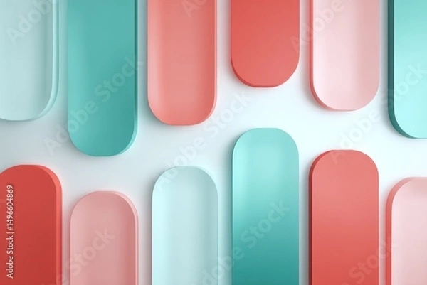 Fototapeta Liquid rectangles and ovals in soft teal and coral pink are arranged symmetrically against a gradient white backdrop.
