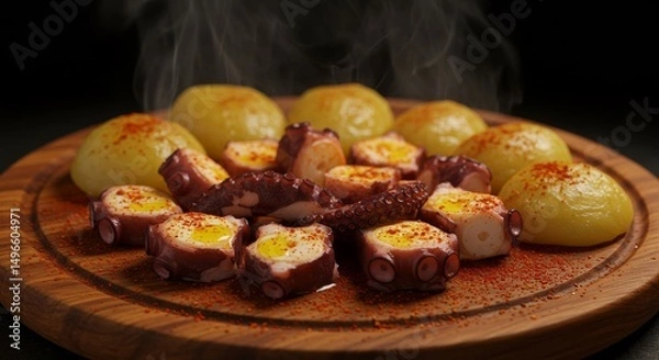 Fototapeta Steaming Octopus with Boiled Potatoes on Wooden Plate (Photo)