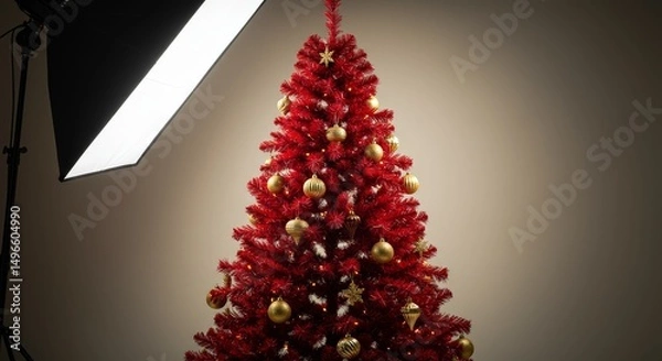 Fototapeta Studio Photo of Red Christmas Tree with Gold Ornaments