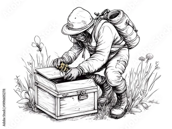 Fototapeta 探検家、宝箱、発見、草地