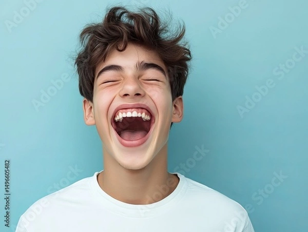 Obraz A teenage boy laughing with a big open mouth, isolated on a light blue background