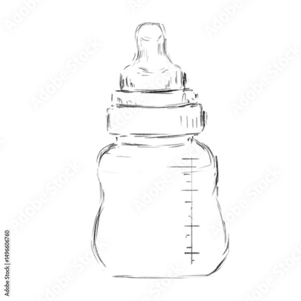 Obraz Sketch Baby Plastic Feeding Bottle With Silicone Nipple Hand Drawn Black And White Illustration