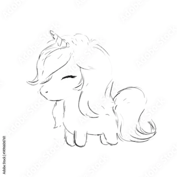 Obraz Sketch Little Unicorn Hand Drawn Black and White Illustration