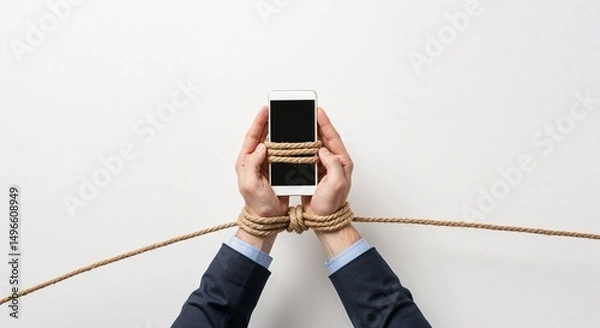 Fototapeta Hands holding smartphone tied with rope on white background representing concept of travel  
