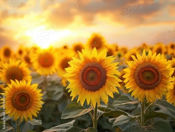Fototapeta Beautiful field of sunflowers against the sky in the evening light of a summer sunset