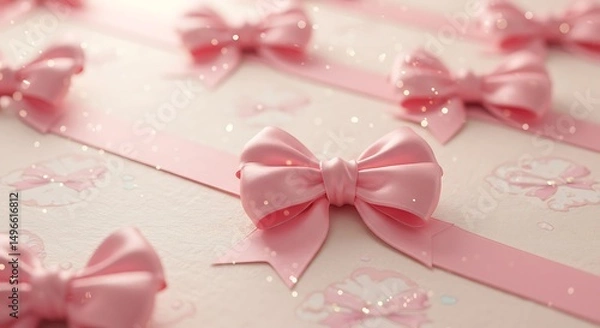 Fototapeta Pink Ribbon Bows Arranged on a Patterned Surface