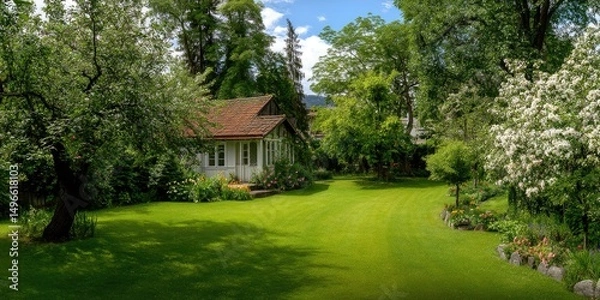 Fototapeta Lush green lawn with apple and cherry trees in the yard of the small residential house 