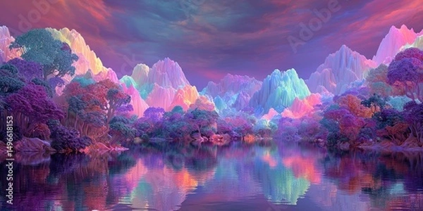 Fototapeta Magical world. Colorful abstract fantasy background, surreal dreamy landscape. 3d illustration. 