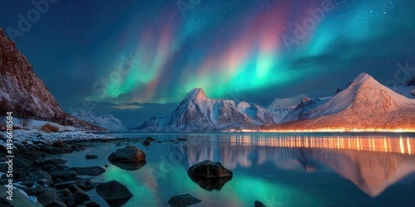Fototapeta Northern lights over the snowy mountains, frozen sea, reflection in water at winter night in Lofoten, Norway. Aurora borealis and snowy rocks. Landscape with polar lights, road, starry sky and fjord