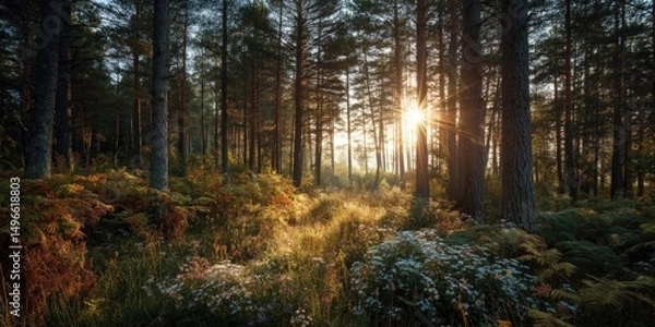 Fototapeta Observing the sun peeking through the trees in a forest is a serene experience, surrounded by terrestrial plants and a variety of shades of green and brown in the natural landscape 