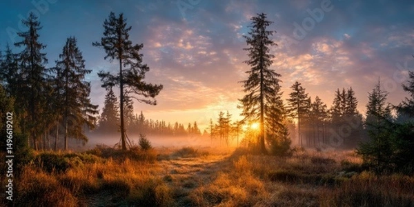 Fototapeta Panoramic View of Forest Clearing at Sunrise. A wide-angle shot capturing a forest clearing bathed in the warm hues of a rising sun, with mist adding a mystical touch. 