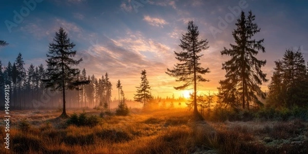 Fototapeta Panoramic View of Forest Clearing at Sunrise. A wide-angle shot capturing a forest clearing bathed in the warm hues of a rising sun, with mist adding a mystical touch.
