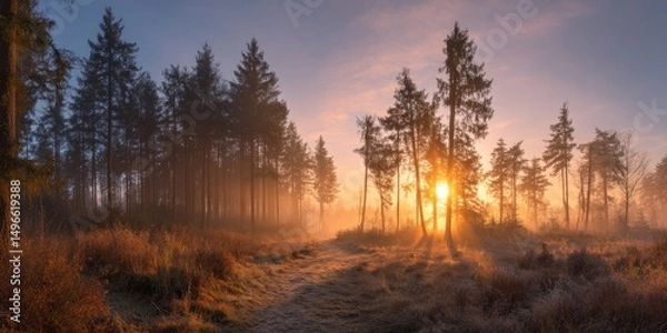 Fototapeta Panoramic View of Forest Clearing at Sunrise. A wide-angle shot capturing a forest clearing bathed in the warm hues of a rising sun, with mist adding a mystical touch.