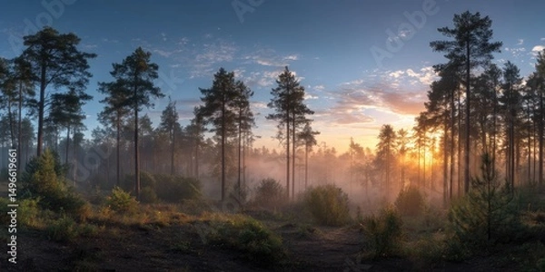 Fototapeta Panoramic View of Forest Clearing at Sunrise. A wide-angle shot capturing a forest clearing bathed in the warm hues of a rising sun, with mist adding a mystical touch.