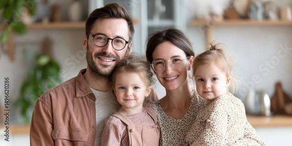 Fototapeta Portrait of happy parents enjoying with their kids at home and looking at camera. 
