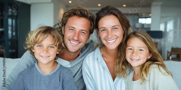 Fototapeta Portrait of happy parents enjoying with their kids at home and looking at camera. 