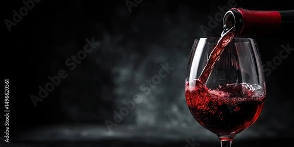 Fototapeta Pouring red wine into a wine glass at the black background. 