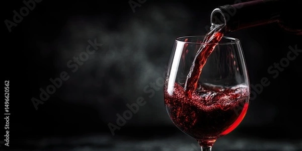 Fototapeta Pouring red wine into a wine glass at the black background. 