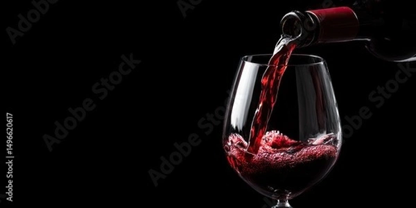 Fototapeta Pouring red wine into a wine glass at the black background. 