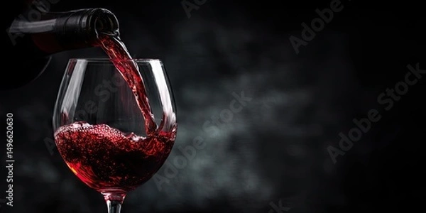 Fototapeta Pouring red wine into a wine glass at the black background. 