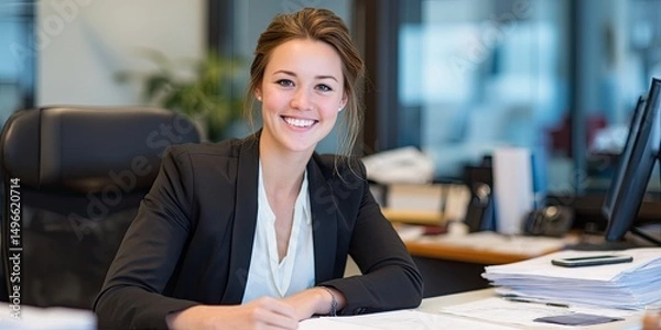 Fototapeta Professional woman in business attire, sitting at her desk, smiling confidently at the camera, with documents and a smartphone nearby. 