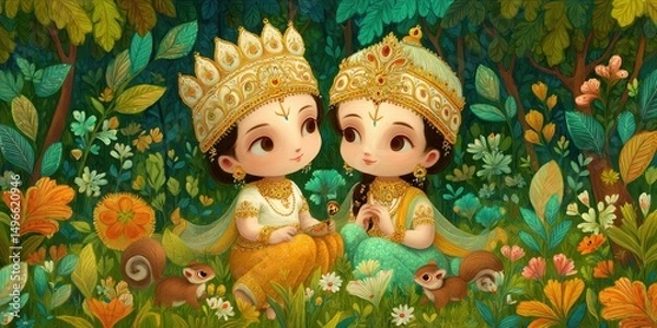 Fototapeta Radhe and Krishna were a pure princess and prince, with elegant gold crowns and gold jewelry embedded with diamonds and jewels, sitting on bright green grass filled.