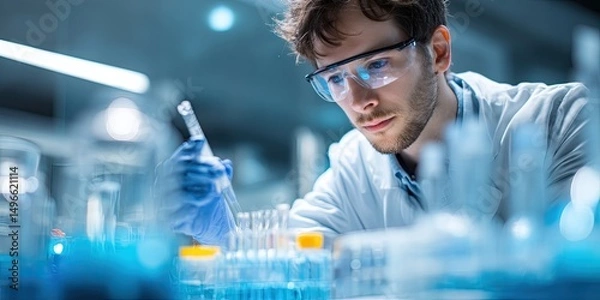 Fototapeta Research, experiment and trial being done by a scientist in a lab, science facility or hospital. 