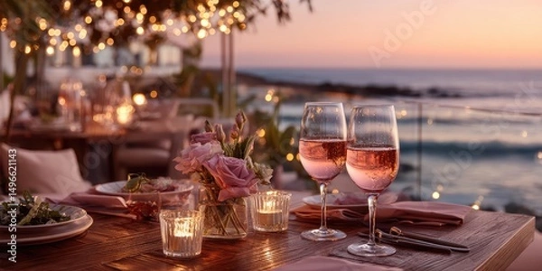Fototapeta Romantic dinner setup with rose wine glasses on a terrace overlooking the ocean at sunset. 