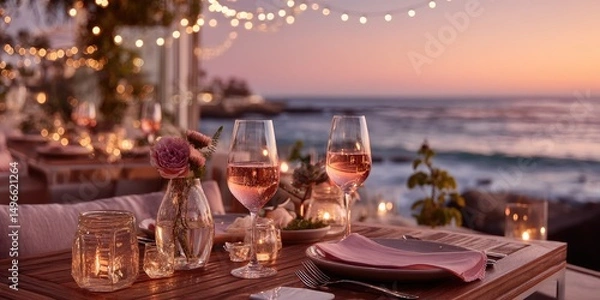 Fototapeta Romantic dinner setup with rose wine glasses on a terrace overlooking the ocean at sunset. 