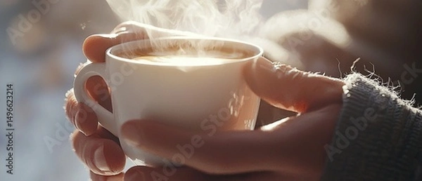 Obraz Aromatic indulgence: Person holding a steaming cup of coffee on a winter day