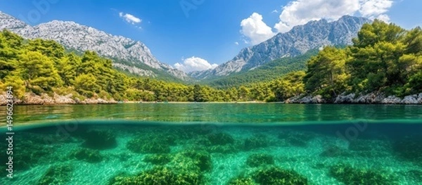 Fototapeta Half underwater view of picturesque lake in mountains during the bright day