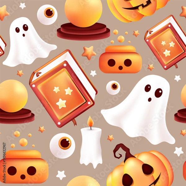 Fototapeta Happy Halloween seamless pattern. Scary pumpkin, book, ghost, eye, potion. Holiday vector illustration