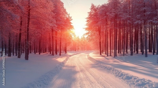 Fototapeta Snow covered road surrounded by trees, bright sunlight ahead in a winter wonderland landscape
