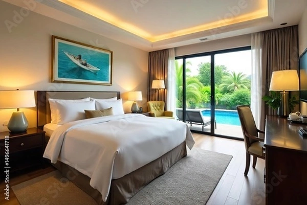 Fototapeta Luxurious motel suite with plush king-size bed, modern bathroom, and a private balcony overlooking a sparkling pool  Enjoy upscale amenities and a relaxing getaway  ,  outdoor space,  vacation