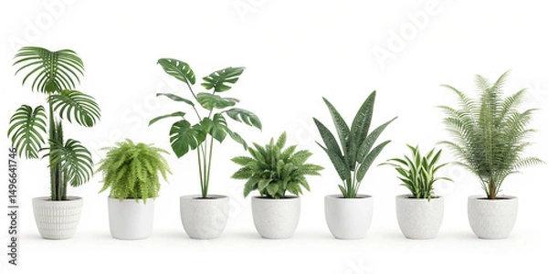 Fototapeta Various potted plants arranged in a row against white backdrop