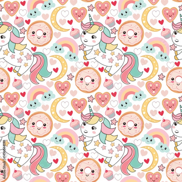 Fototapeta Kawaii Unicorn pattern with funny rainbow, desserts, cupcakes and donut