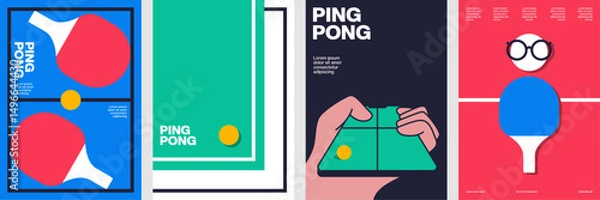 Fototapeta Minimalist ping pong poster series with colorful paddles and dynamic compositions.