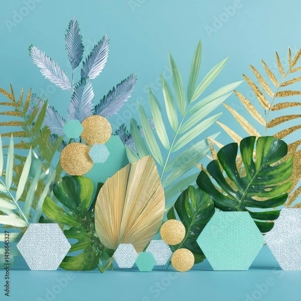 Fototapeta Tropical leaves and geometric shapes on a blue background for a product presentation template.