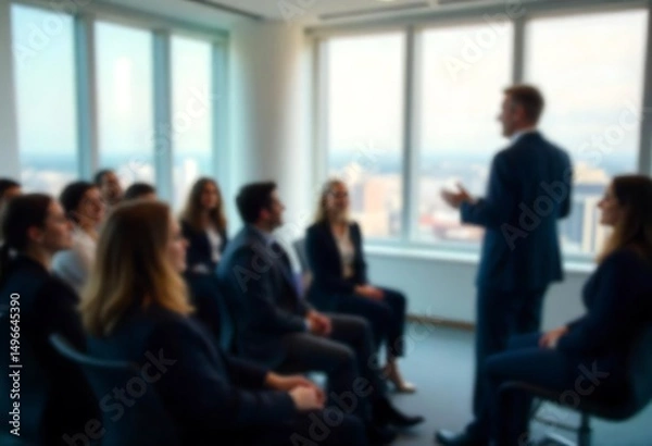 Fototapeta Generative AI image of a blurred office presentation with a speaker