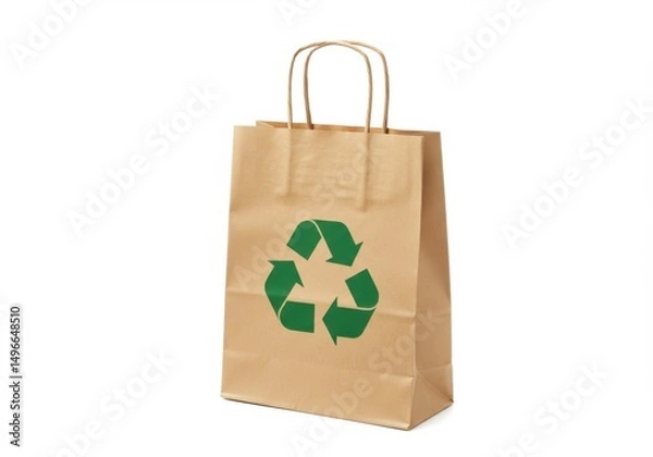 Fototapeta Paper bag with recycle symbol isolated on white background
