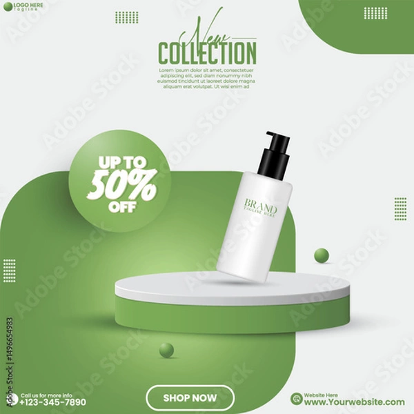 Fototapeta Realistic product mockup design with a 3D cylinder podium. Social media product sale abstract podium design template. Cosmetics product display presentation vector. 