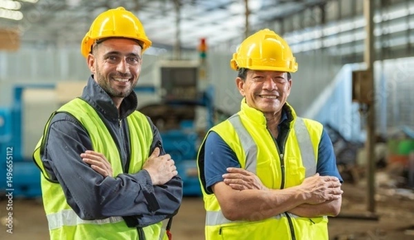 Fototapeta Two happy factory workers wearing hard hats and safety vests standing with arms crossed.