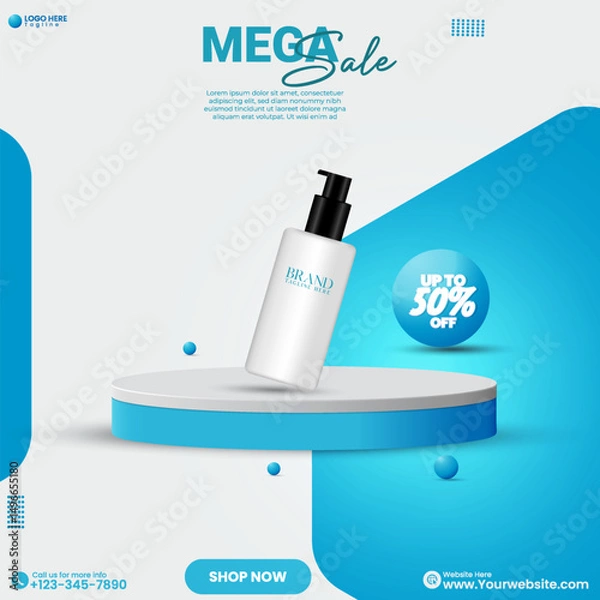 Fototapeta Social media cosmetics product sale advertisement poster design. Beauty product sale social media post design vector with blue color. 3D minimalistic empty studio backdrop background design template.